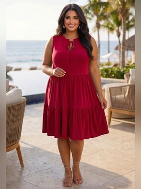 🌟W024. Stylish Chic Sleeveless Red Tie Front Tiered Dress